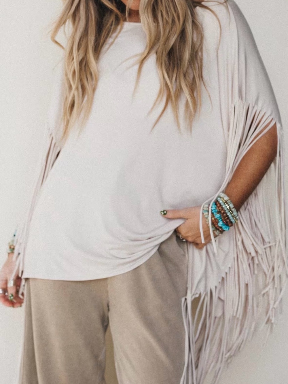 Three Bird Nest Cream Fringe Short Sleeve Top